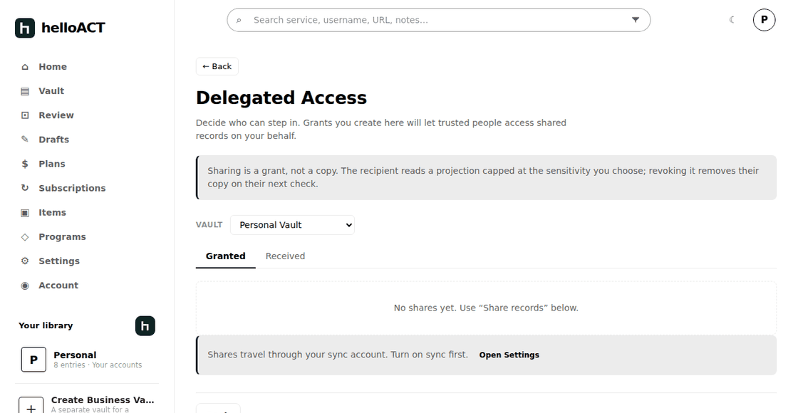 The Delegated Access screen: granted and received tabs, with a note that sharing is a grant capped at a sensitivity you choose.