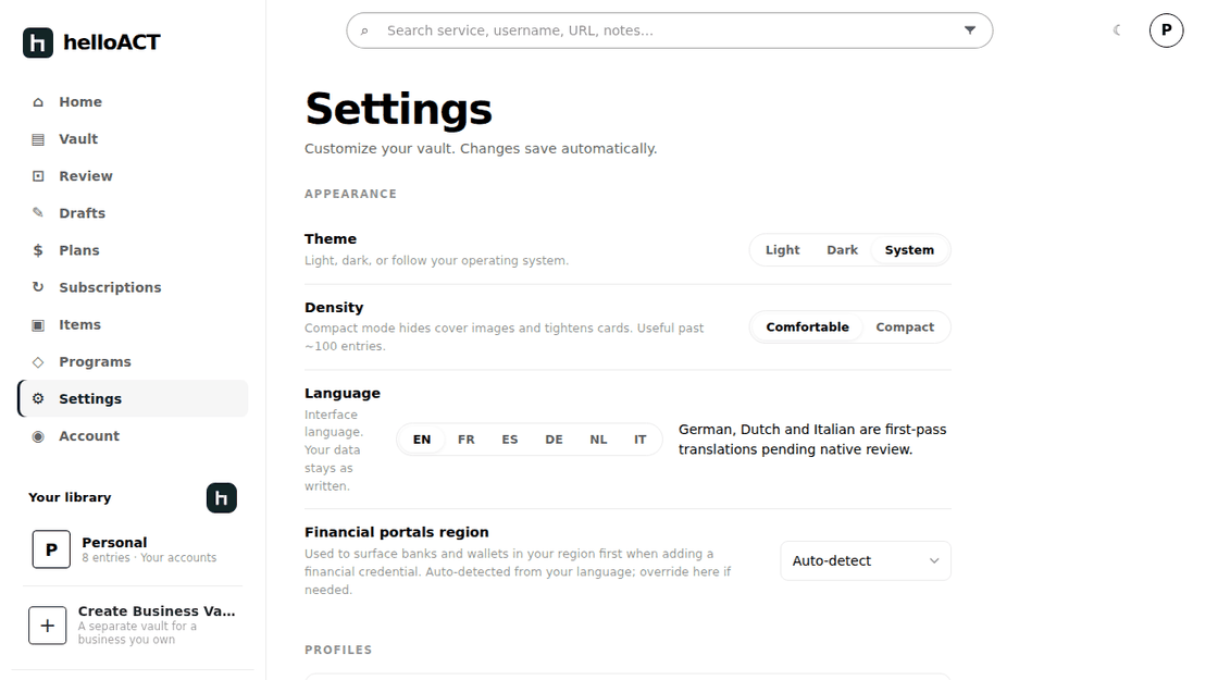 Settings: theme, density, interface language across six languages, and the region used to order the directory.