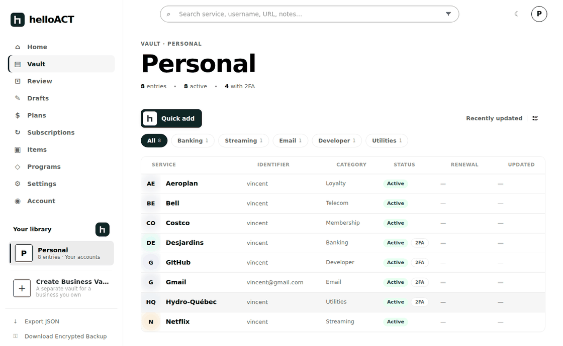 The vault list in helloACT: eight accounts with category, status and two-factor method.