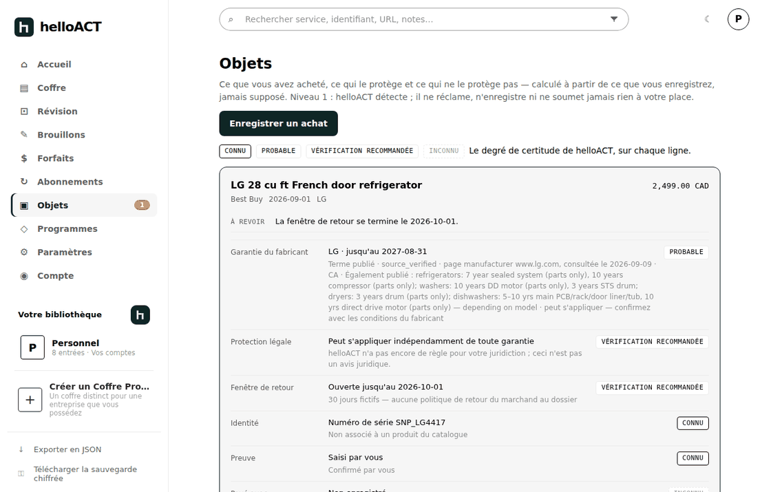 Une fiche Achats pour un réfrigérateur : le terme de garantie publié par le fabricant avec sa source et sa date de consultation, marqué PROBABLE, au-dessus des lignes délai de retour, identité et preuves.