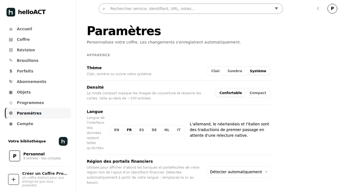 Réglages : thème, densité, langue d'interface parmi six langues, et région utilisée pour ordonner le répertoire.