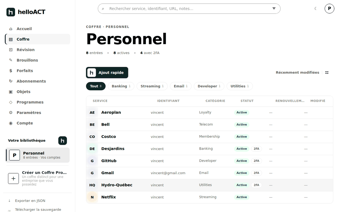 La liste du coffre dans helloACT : huit comptes avec catégorie, état et méthode à deux facteurs.